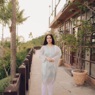 Elegant Pastel Blue Embroidered Lawn Kurta with White Trousers