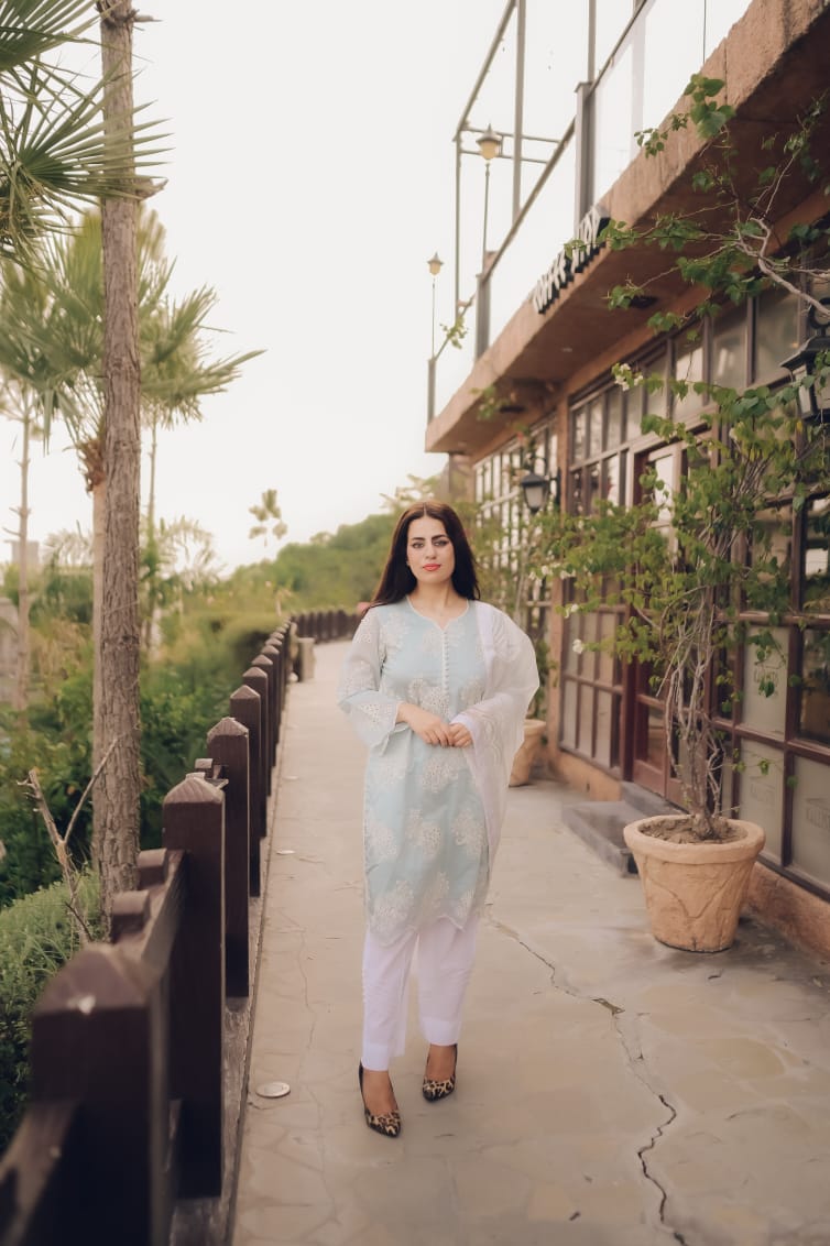 Ice Blue Chikankari Three Piece Suit | Classic Attire - Image 4