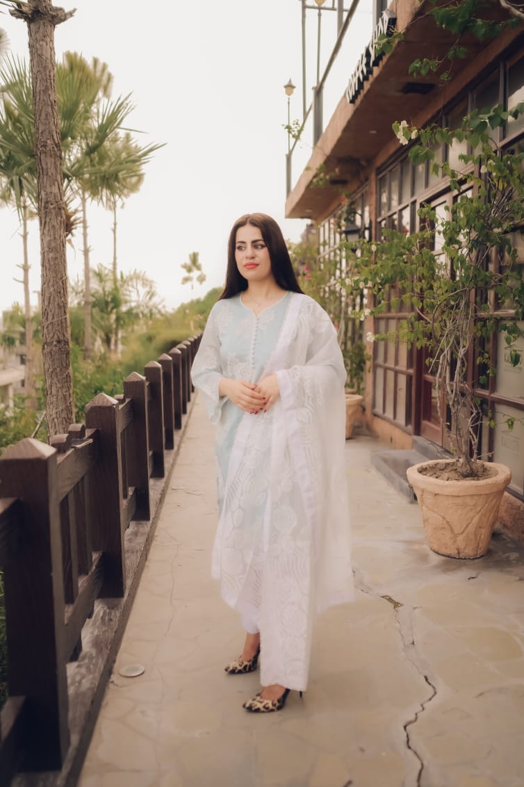 Ice Blue Chikankari Three Piece Suit | Classic Attire