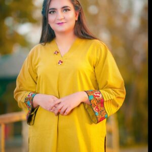 Mustard Kameez with Multicolour Embroidered Cuffs | 2-Piece Suit |