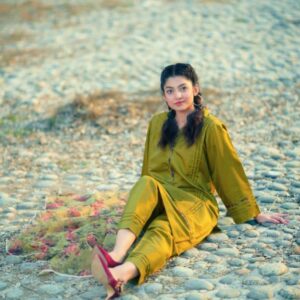 Olive Tissue 3-Piece Suit with Floral Organza Dupatta