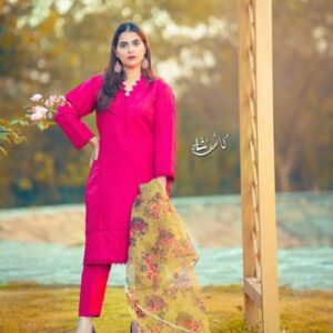 Hot Pink Lace Trim Kameez with Matching Trousers & Floral Organza Dupatta | 3-Piece Suit